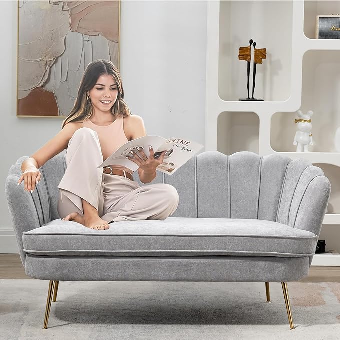Modern Chenille Loveseat CouchFuton Small Sofa with Gold Metal Legs 2-Seater Upholstered Mini Sofa Couches for Small SpaceLiving Room Bedroom Office Dorm Studio Apartment Love Seat Couche(Grey)