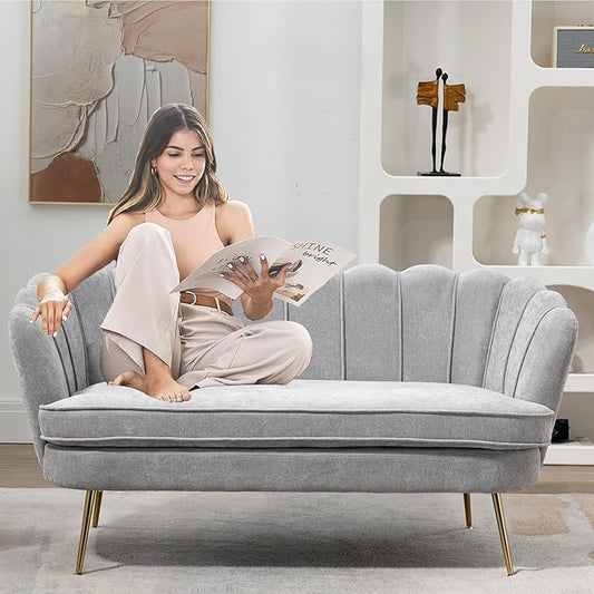 Modern Chenille Loveseat CouchFuton Small Sofa with Gold Metal Legs 2-Seater Upholstered Mini Sofa Couches for Small SpaceLiving Room Bedroom Office Dorm Studio Apartment Love Seat Couche(Grey)