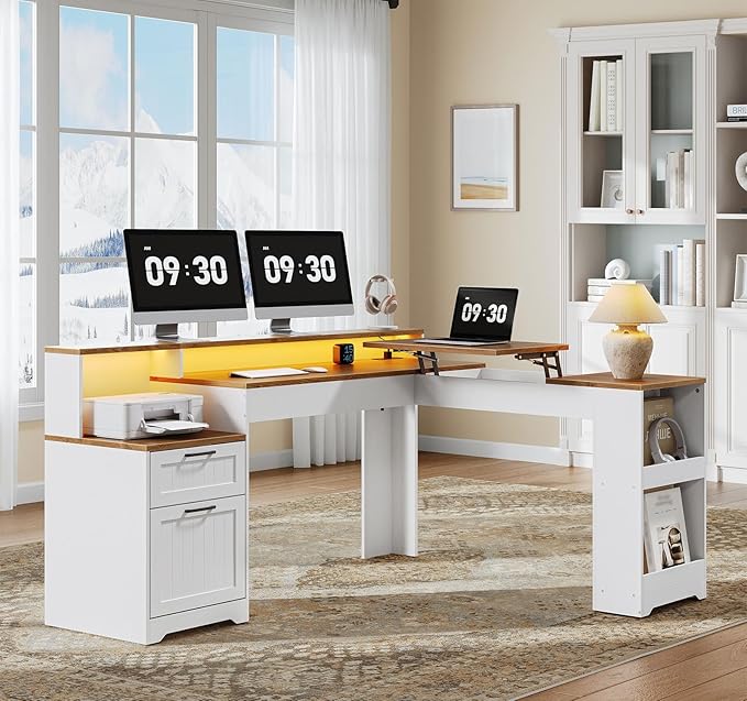 Farmhouse 63 L Shaped Standing Desk Corner Computer Desk with Drawers Office Desk with File Drawers with RGB Lighting &amp Charging Station Monitor Stand and Storage Shelves White and Walnut