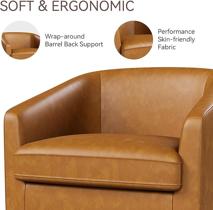 Swivel Barrel Accent Chair Round Faux Leather Living Room Arm Chairs Modern Upholstered Comfty Reading Nook Chairs for Bedroom Small Club Armchair Single Sofa Side Chair Brown