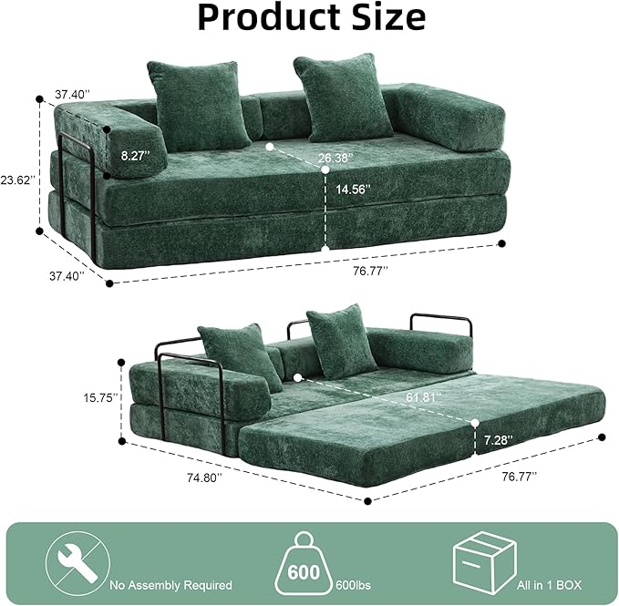 Convertible Floor Sofa Bed Fold Out Floor Couch with Pillow Back &amp Armrest Compressed Couch with Fixed-Shape Frame Chenille Foldable Sleeper Sofa Bed for Living Room Bedroom Dark Green