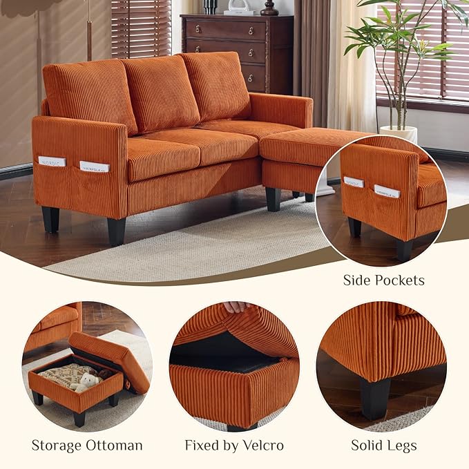 Karl home Small Sectional Couch L Shaped Sofa with Movable Storage Ottoman Corduroy Upholostered Sofa Chaise with Side Pockets for Living Room Apartment Studio Orange