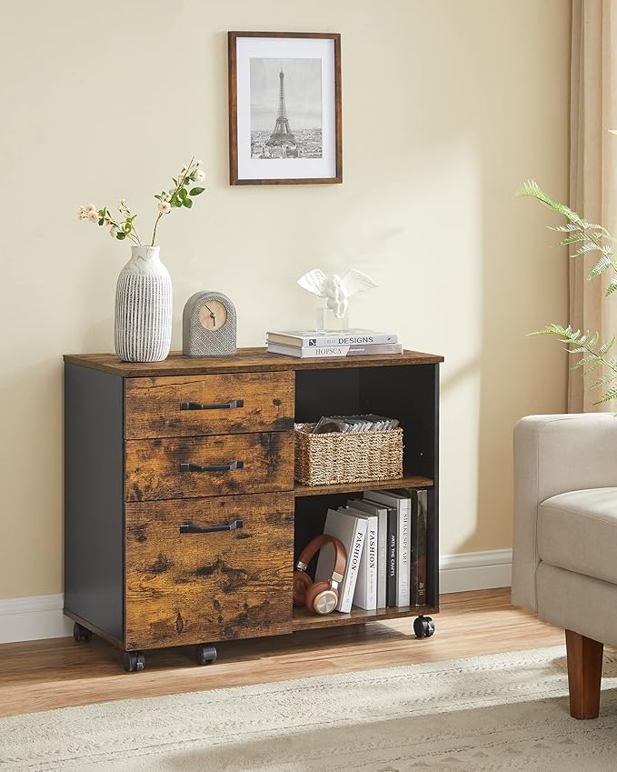 VASAGLE Lateral File Cabinet Home Office Printer Stand 3-Drawer Mobile Filing Cabinet with Open Storage Shelves for A4 Letter-Size Files Industrial Rustic Brown and Black UOFC041B01