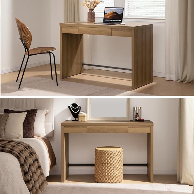 SICOTAS Home Office Executive Desk - 47-Inch Computer Desk with Drawer Farmhouse Writing Study Desk with StorageBoho Makeup Vanity Table for Bedroom (Reclaimed Caramel Oak 2 Pieces)