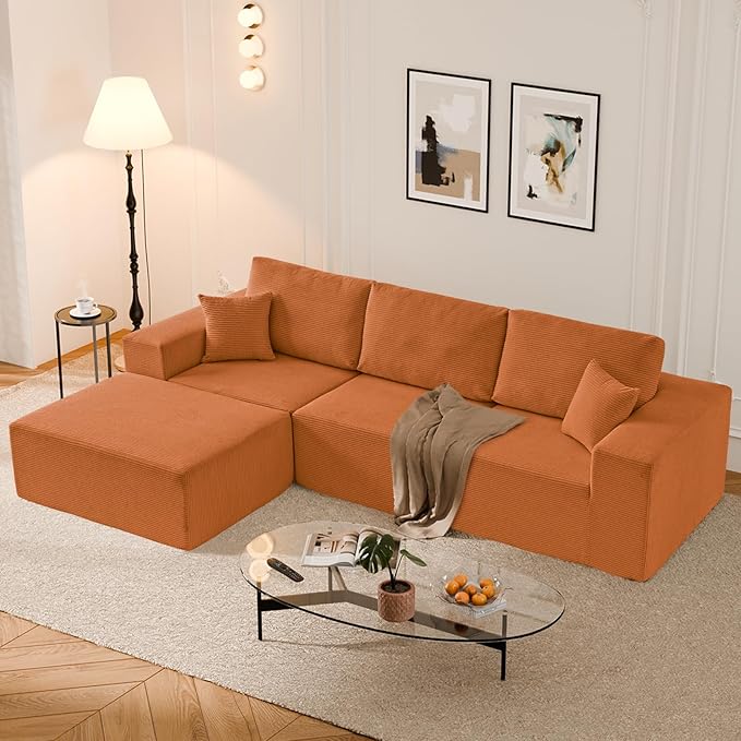 108 L-Shaped Boneless Couch High Seat Modular Sectional Sofa with Moveable Ottoman Corduroy Cloud Couches for Living Room No Assembly Ship in a Box Orange