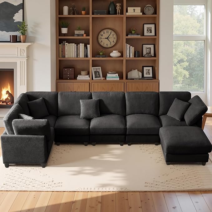 117 Modular Sectional Sofa with Movable ChaiseModern Chenille Cloud Sectional Couch with Deep SeatU Shaped Compressed Boneless Sofa for Living RoomNo Assembly Required (Black)