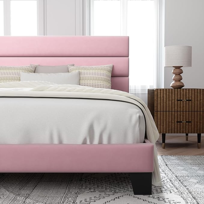 Allewie Full Size Platform Bed Frame with Velvet Upholstered Headboard and Wooden Slats Support Fully Upholstered Mattress Foundation/No Box Spring Needed/Easy Assembly Pink