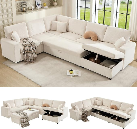 AMERLIFE 129 Inch Sectional Couches for Living RoomSectional Couch with Storage &amp OttomanModular Sectional Sofa Converts to SleeperCloud Couch Sectional for Large Space with CorduroyOff-White
