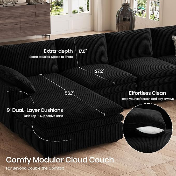 Belffin Large Modular Sectional Sofa with Deep Chaise 104 Corduroy L Shaped Couch with 9 Soft Dual-Layer Seats Cushion for Living Room Apartment Black