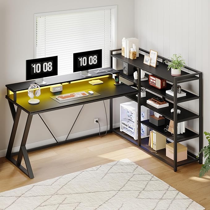 Reversible L Shaped Gaming Desk with Shelves 52'' L Shaped Computer Desk with Power Outlet and LED Light Corner Desk with Storage Shelf and Monitor Stand for Home Office Black