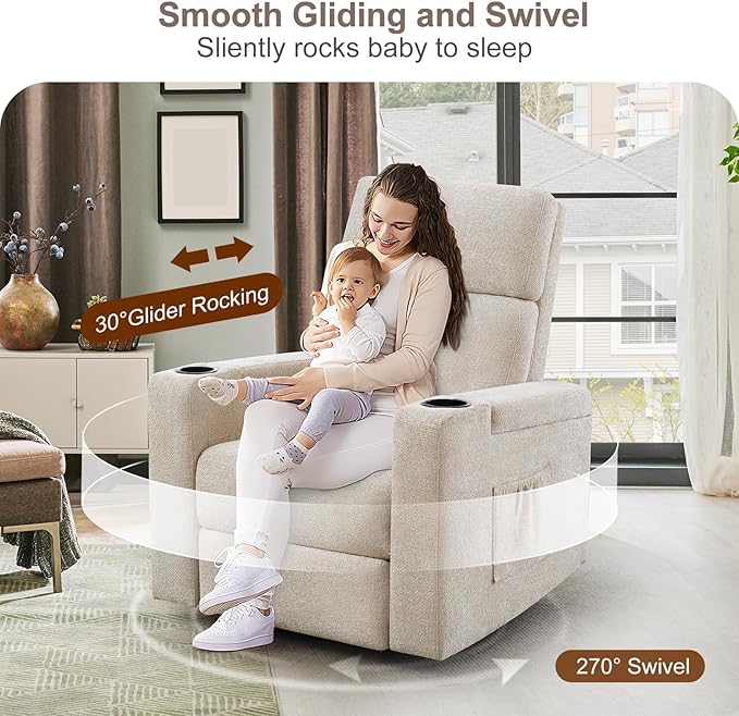 ABCASA Power Recliner Chair Swivel Glider Set of 2 Nursery Glider Recliner Chenille Rocking Recliner Chair with Adjustable Phone Holder Hidden Arm Storage USB &amp Type-C for Living Room Light B
