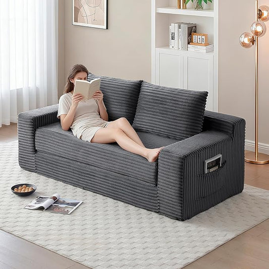 73 Convertible Sofa Bed Pull Out Boneless Loveseat Sleeper Sofa Corduroy Foldable Couch Bed with Storage Bag No Assembly Couch in a Box for Living Room Apartment (Grey)