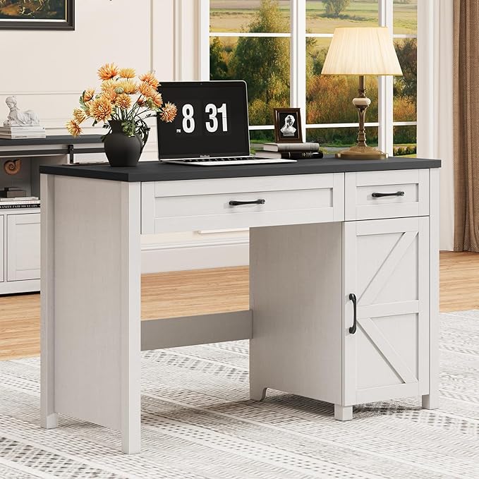 Farmhouse 47 Executive Desk Computer Desk with Drawers and Storage Cabinet Workstation Computer Desk for Home Office and Study(Black