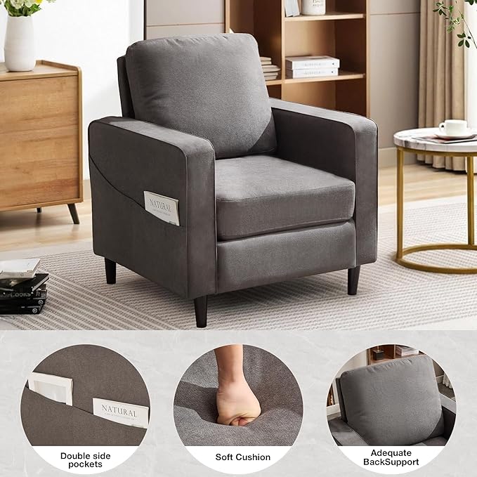 Mid Century Accent ChairModern Linen Fabric Armchair for Living RoomDouble Side Pockets Comfortable and Padded Reading Feature Sofa Chair Suitable for bedrooms Living Rooms and Offices(1 Pcs