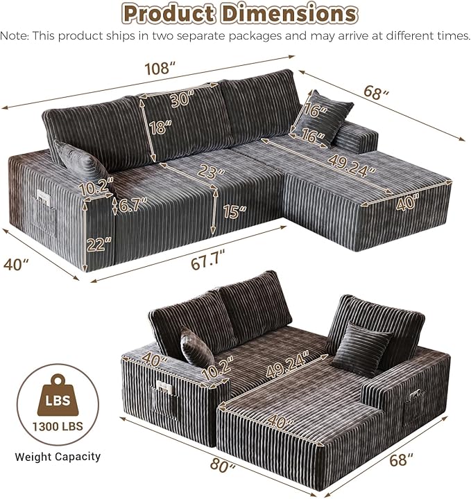 108” L Shape Sectional Boneless Couch35D Sponge Comfy 3 Seat SofaCloud Thickened FlannelModular Couches for Living RoomNo AssemblyDeep SeatOversized Chaise (Gray 108 Right Chaise)