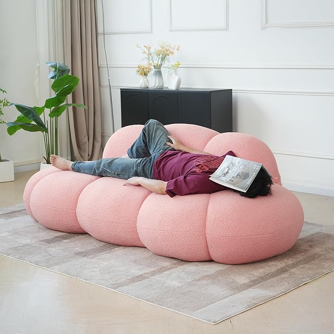 Modern Curved Sofa 3 Seater Soft Sherpa Upholstered Sofa Minimalist Style Comfy Cloud Couch for Living Room Apartment Pink