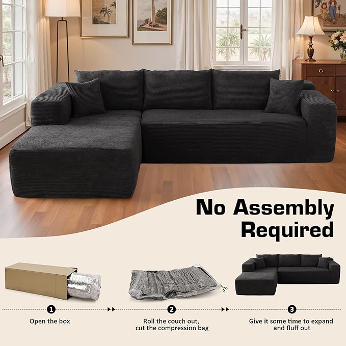 106 Cloud Sectional Couch with Chaise LoungeL Shaped Modular Modern SofaComfy Corduroy Fluffy Sofa with Deep SeatNo Assembly Required Couch for Living Room(LeftStripe CorduroyBlack)