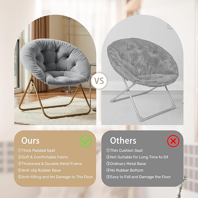 HealSmart Saucer Chair Comfy Faux Fur Chair for Bedroom Saucer Chairs for Adults Teens Round Shaped Moon Chair with Foldable Metal Frame Grey