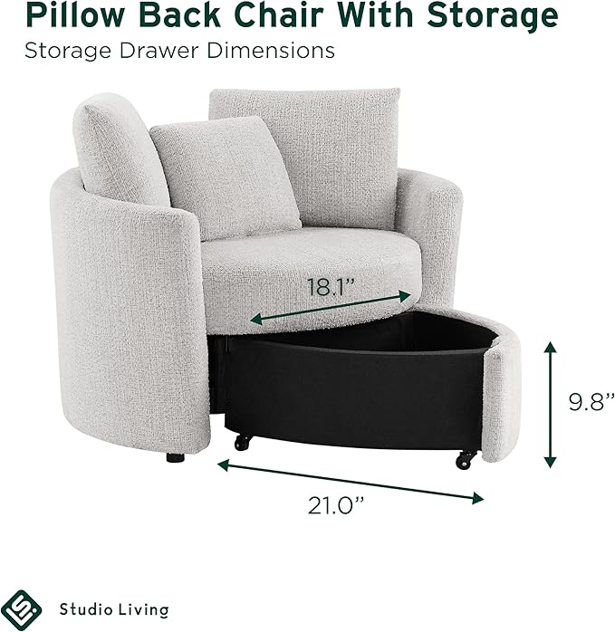 Studio Living® Beckett 48 Storage Chair Modern Farmhouse Pocket Coil Comfort Easy Assembly Chenille Fabric Ivory