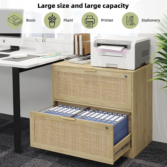 HOPUBUY 2 Drawer File Cabinet with Lock Printer Stand Lateral Filing Cabinets for Home Office and School Wood Rattan File Cabinet for Hanging Files/Letter/Legal/A4/F4 Size Oak