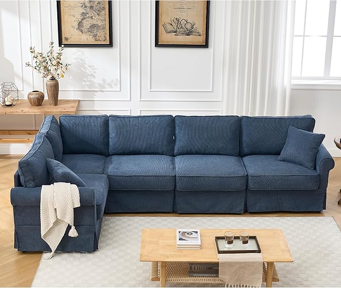 Modular Sectional Sofa SetConvertible L Shaped Couch5 SeatReversible Sectional Sofa CouchUpholsteredCorner SofaRolled ArmsSoft Linen Fabric (Blue)