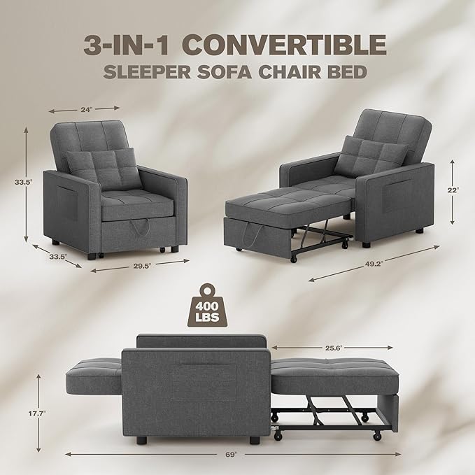 JUMMICO Sleeper Chair 3-in-1 Convertible Sleeper Sofa Bed for Adults Linen Fabric Pull Out Chair Bed with Adjustable Backrest Couches for Living Room Apartment Office Small Space (Dark Gray)