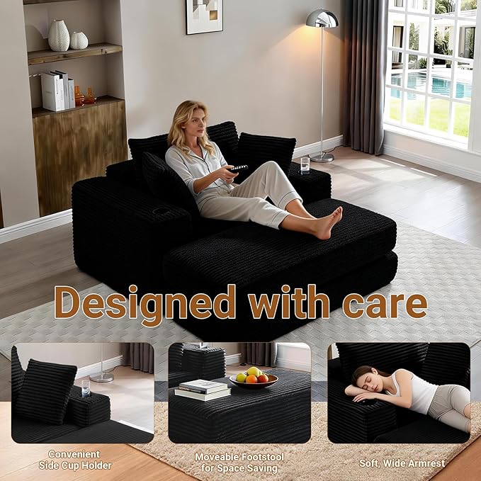 53 Oversized Chaise Lounge Chair Indoor Modular 3-in-1 Corduroy Boneless Chair Cloud-Like Cozy Comfy Sofa Bed Sleeper Couch for Reading Living Room Bedroom Black