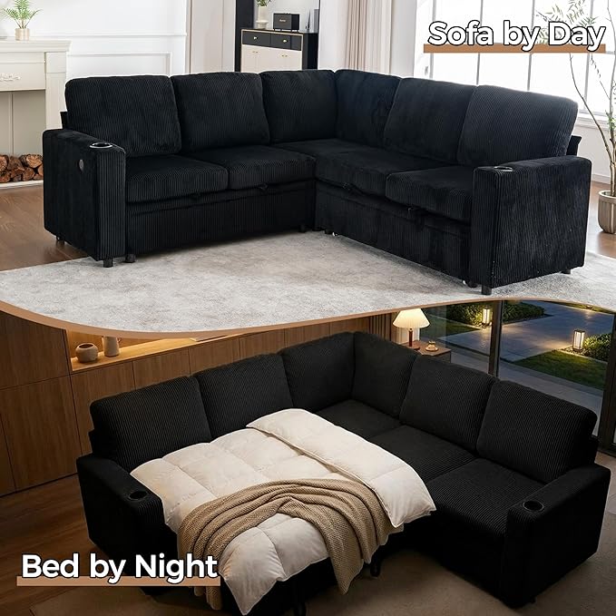 Sectional Sleeper Sofa with Pull Out Bed Plush Corduroy L Shaped Corner Couch with Storage USB Ports Cup Holders Comfy Sectional Couches for Living Room Black | Modular Couch for Apartment Tool