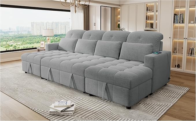 Merax 110.2 Oversized U-Shaped Sectional Sofa Bed Comfortable Pull-Out Sleeper Couch Convertible with Double Storage Chaise Lounges and Two USB Ports Gray