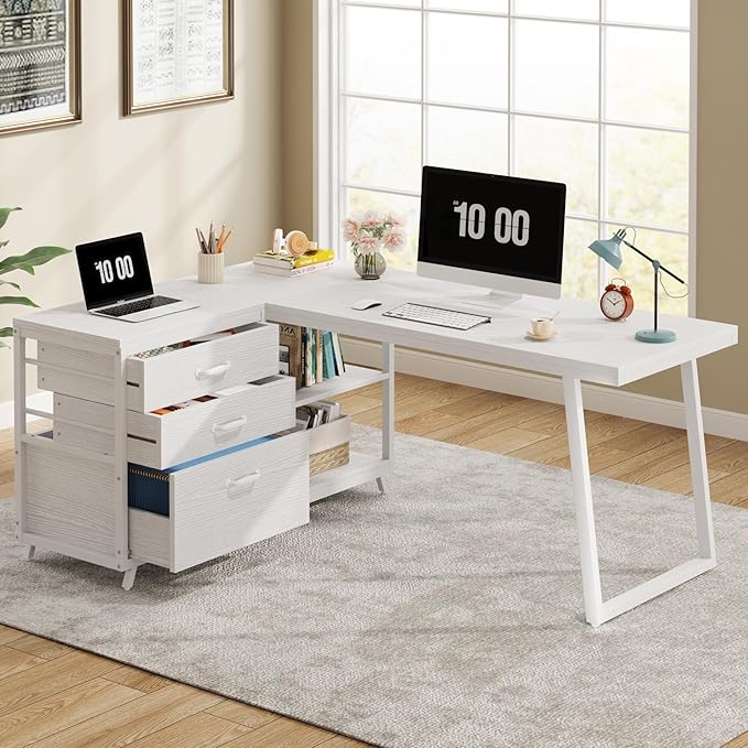 Tribesigns L-Shaped Computer Desk with 3 Drawers Reversible Corner Home Office Desk with Shelves 53-Inch Industrial PC Desk Study Writing Table Workstation for Small Space White