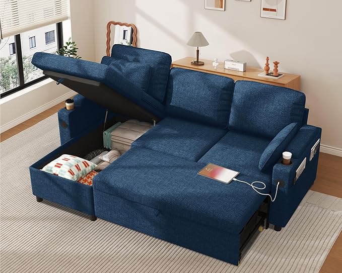 DURASPACE Sofa Bed Sleeper Sofa Couch with Pullout Bed for Living Room L Shaped Couch with Storage Chaise USB Cup Holder (Blue Linen)