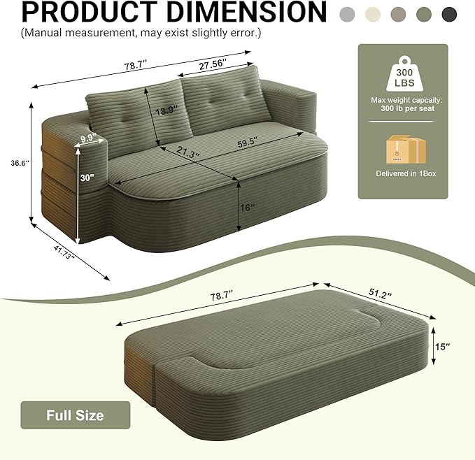 78.7'' Convertible Sleeper Sofa Corduroy Floor Foam Compression Loveseat Sofa Bed Couch Modern Folding Futon Couch Foldable Full Size Guest Bed with 2 Pillows and Blanket for Living Room (Green)