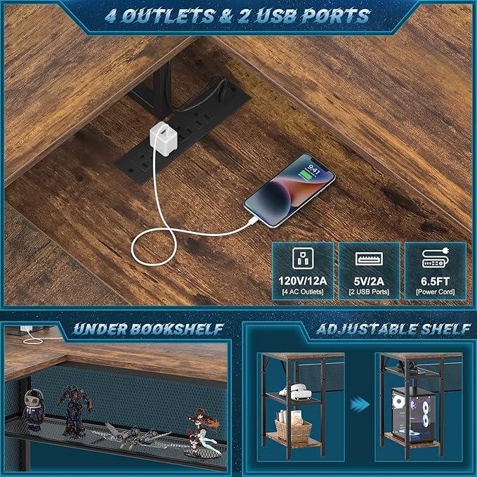 Unikito L Shaped Desk with LED Light and Power Outlet Reversible Corner Computer Table with Monitor Stand and Storage Shelf Modern L- Shaped Gaming Desk Ergonomic Home Office Desk Rustic Brown
