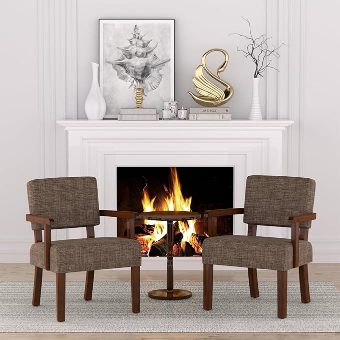 Mid Century Modern Accent ChairArmchairs with Solid Wood Frame and LegsUpholstered Reading Leisure Chair for Living RoomBedroomOfficeWaiting Room (Brown)