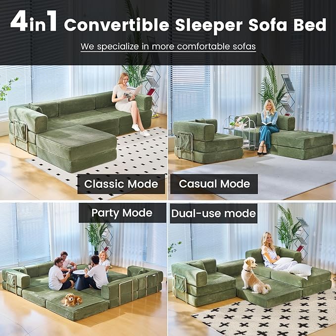 Convertible Sleeper Sofa Bed Corduroy Upholstered Green Modular Floor Couch Queen/King Size Foldable Futon with Memory Foam for Apartment Living Room Bedroom (Green 108 Sofa) | Convertible sofa bed