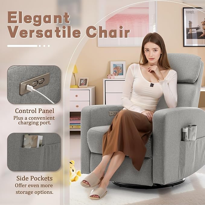 Power Swivel Recliner Chairs for Adults Electric Glider Rocking Chair Nursery Glider Recliner Nursery Chair with Classified Side Pocket Nursery Rocking Chairs with USB and Type-C Ports