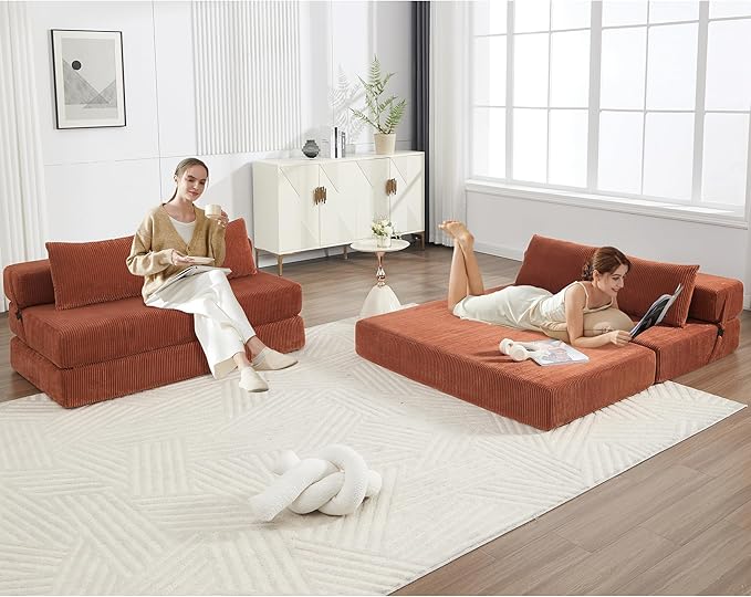 KIVENJAJA Folding Sofa Bed Full Size 3-in-1 Convertible Sleeper Sofa Corduroy Foldable Boneless Floor Futon Couch with Backrest &amp Pillows for Home Living Room Office Apartment Small Spaces Oran