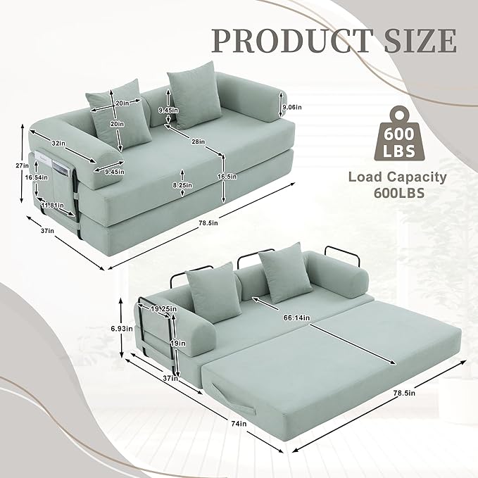 4‑in‑1 Convertible Sleeper Sofa Bed DIY Combination Floor Sofa Lounge Couch with Cylindrical Pillow Corduroy Futon Folding Mattress Couch for Apartment Bedroom Playroom Mint Blue