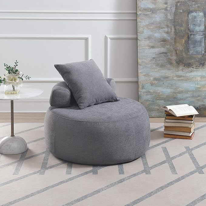 Generic 32 Solid Wood Lounge Chair with Pillow Easy to Move Modern Chenille Reading Chair High Stretch Round Sofa for Bedroom Living Room Lounge Hotel 3 Colors Light Gray