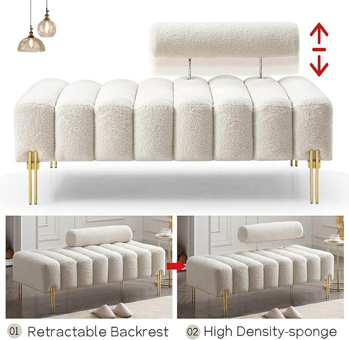 NIOIIKIT 53.2 Modern Loveseat Sofa Couch Upholstered Accent Sofa with Golden Legs and Adjustable Backrest Small Teddy Fleece Couches for Bedroom Living Room Compact Small Space (Beige Teddy)