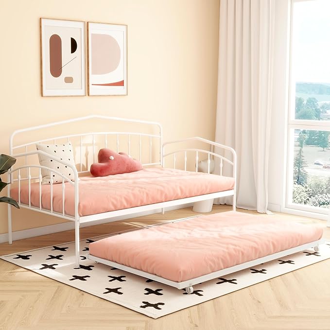 Christopher Knight Home Fox Twin Daybed with Trundle Metal Sofa Bed Set Rollaway Daybed Couch Bed Frame for Bedroom Living Room Guest Room Elegant and Simple Style Anti-Noise Easy Assembly White