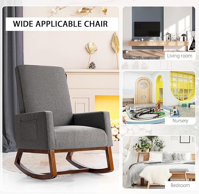 Giantex Upholstered Rocking Chair Modern Fabric Armchair w/Wood Base Side Pocket Linen Padded Seat High Back Accent Glider Rocker Chair Mid-Century Leisure Chair for Nursery Living Room (Gray)