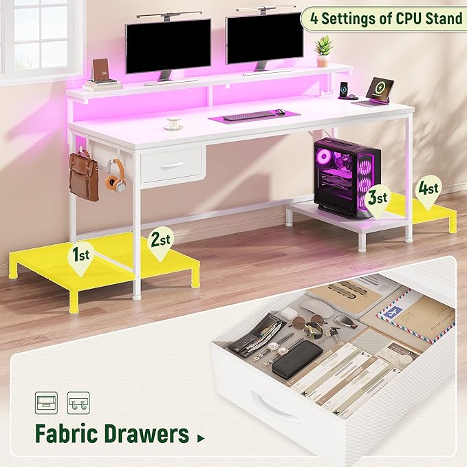 Computer Desk with Ergonomic Monitor Stand &amp CPU Stand47.2 Gaming Desk with 1 Drawer &amp Power Outlet &amp LED Lights for Home Work Bedroom Study and Gaming Small SpacesWhite