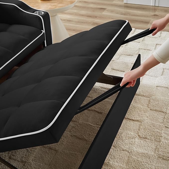 SLEERWAY 3-in-1 Convertible Futon Sofa Bed Chair Multi-Functional Sleeper Chair Bed with Pull Out Couch and Adjustable Backrest Modern Velvet Chaise Lounge Loveseat for Living Room BedroomBlack