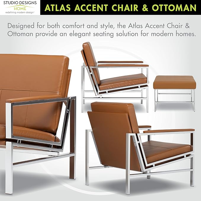 Atlas Bonded Leather Accent Chair with Ottoman Set Mid-Century Modern Lounge Chair &amp Footrest with Chrome Legs for Living Room or Office Guest Seating Chrome/Caramel