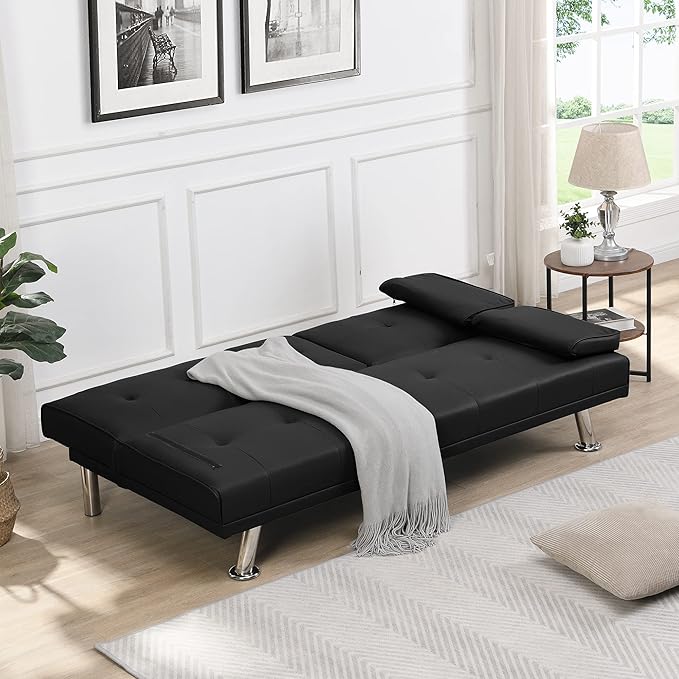 Futon Sofa Bed Modern Folding Couch for Small Space Faux Leather Convertible Loveseat Sleeper Bed Daybed Recliner Lounge Sofas for Living Room2 Cup HoldersMetal LegsRemovable Armrests (Black)