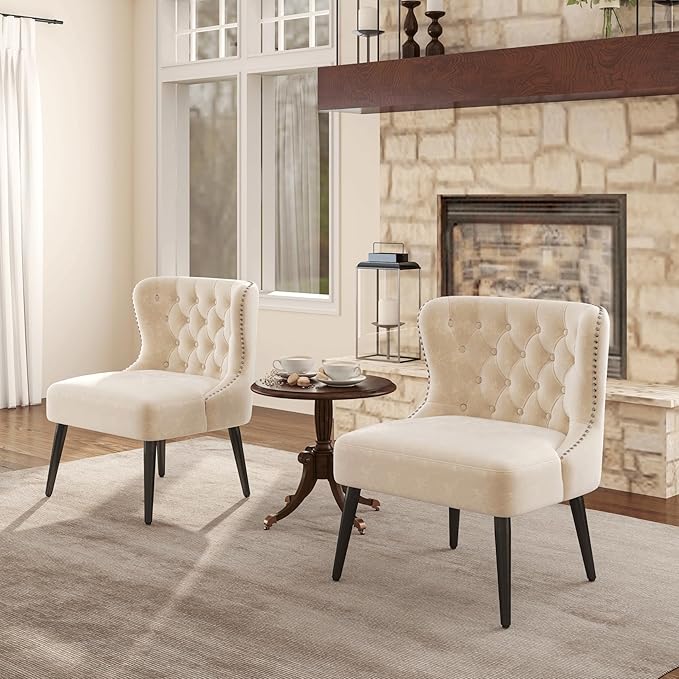 Mid Century Accent Chairs Set of 2 Upholstered Wingback Tufted Velvet Living Room Chair with Black Wood Legs Comfy Side Corner Chair for Small Spaces Bedroom Waiting Room Cafe Beige