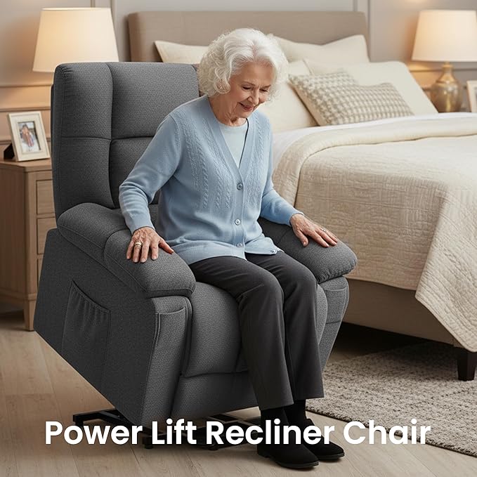 HealSmart Power Lift Recliner Chair with Massage &amp Heat Overstuffed Fabric Reclining Chair with Remote Side Pockets for Living Room &amp Bedroom Grey