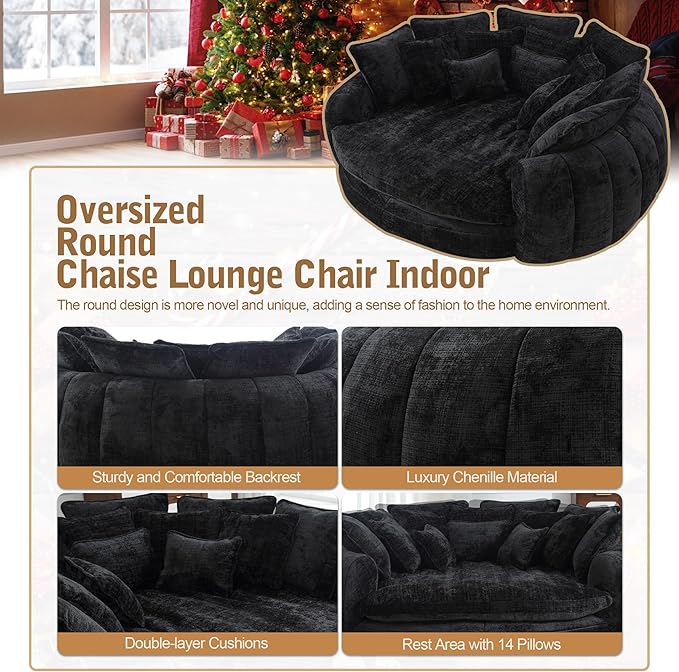 82'' Oversized Upholstered Sofa Bed Round Chaise Lounge Chair Indoor Modern Chenille Boneless Couch No Assembly Required Plush Sleeper Chair with 14 Pillows for Living Room Black