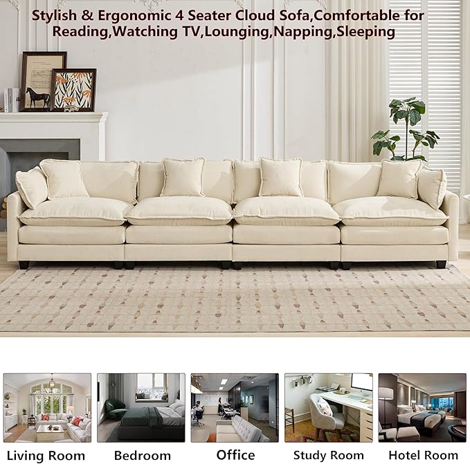 Aoowow Modular Sectional 4 Seater Cloud Sofa Couch for Living Room149.6 Beige Cloud Sofas with Deep SeatModern Chenille 4 Seat SofasFluffy Cloud Couches for BedroomOfficeHotel (Beige 4 Seater)